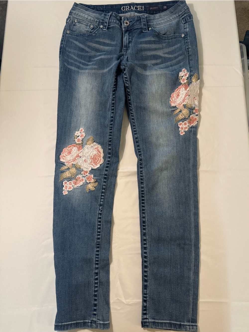 Grace in LA Medium Blue Skinny Jeans with Pink Floral Embroidery